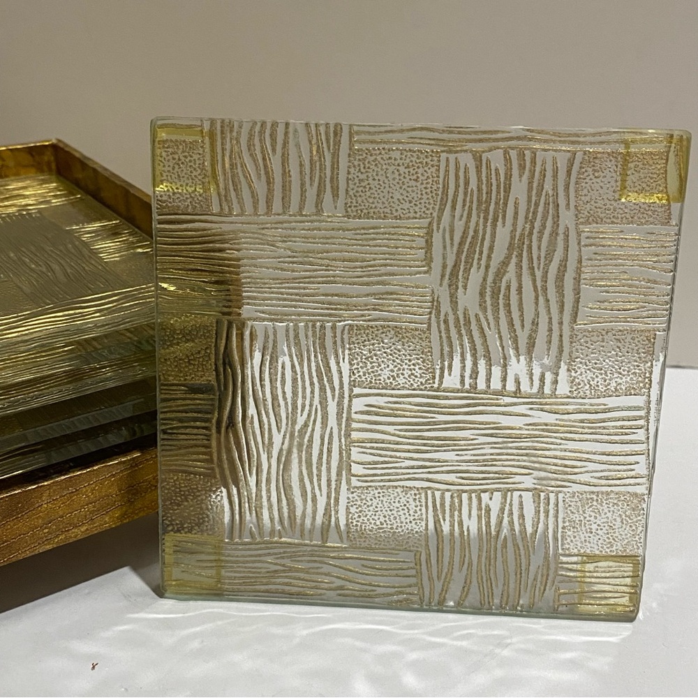 VTG Gold Gilt Textured Glass Coasters Set of 6 w/ Holder MCM Hollywood Regency